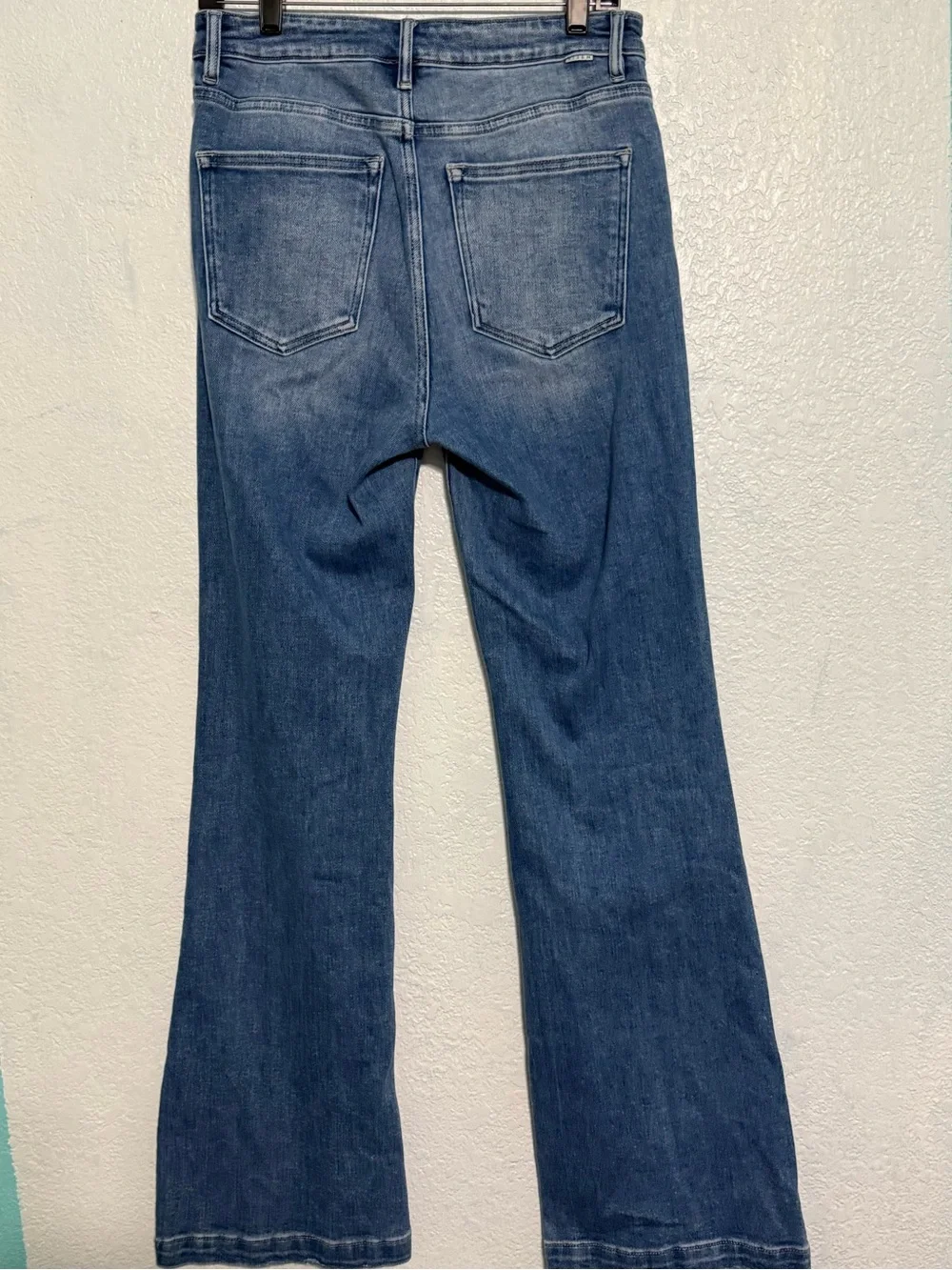 Risen High Rise Button Fly Flare Jeans Size 11/30 Medium Wash Stretch Denim
